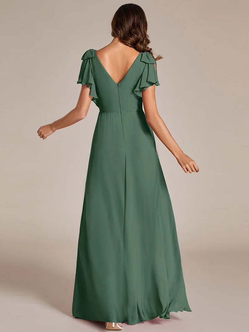 ever ROSY|Robe de demoiselle d'honneur trapèze en mousseline à manches courtes avec fente haute sur le devant