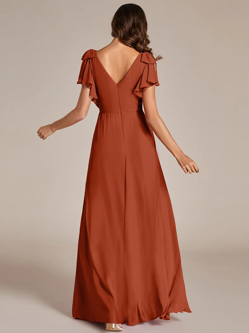 ever ROSY|Robe de demoiselle d'honneur trapèze en mousseline à manches courtes avec fente haute sur le devant