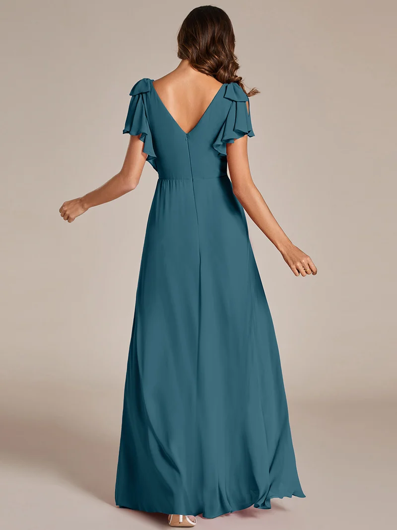 ever ROSY|Robe de demoiselle d'honneur trapèze en mousseline à manches courtes avec fente haute sur le devant