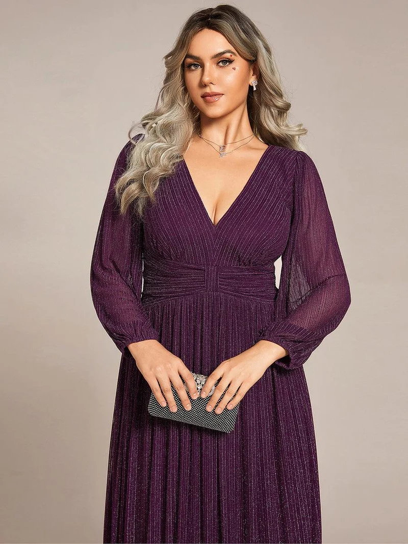 pretty BRYM|Robe de soirée trapèze transparente à manches longues et taille empire éblouissante de grande taille
