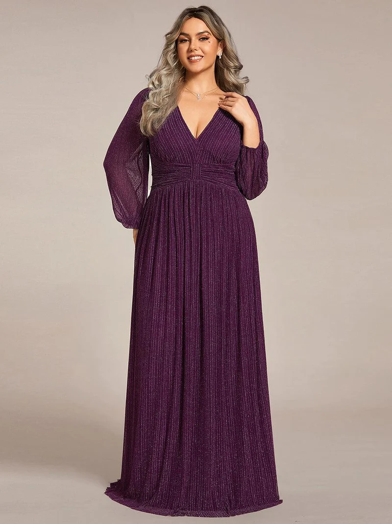 pretty BRYM|Robe de soirée trapèze transparente à manches longues et taille empire éblouissante de grande taille
