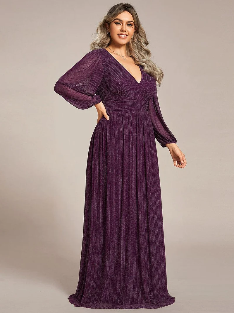 pretty BRYM|Robe de soirée trapèze transparente à manches longues et taille empire éblouissante de grande taille