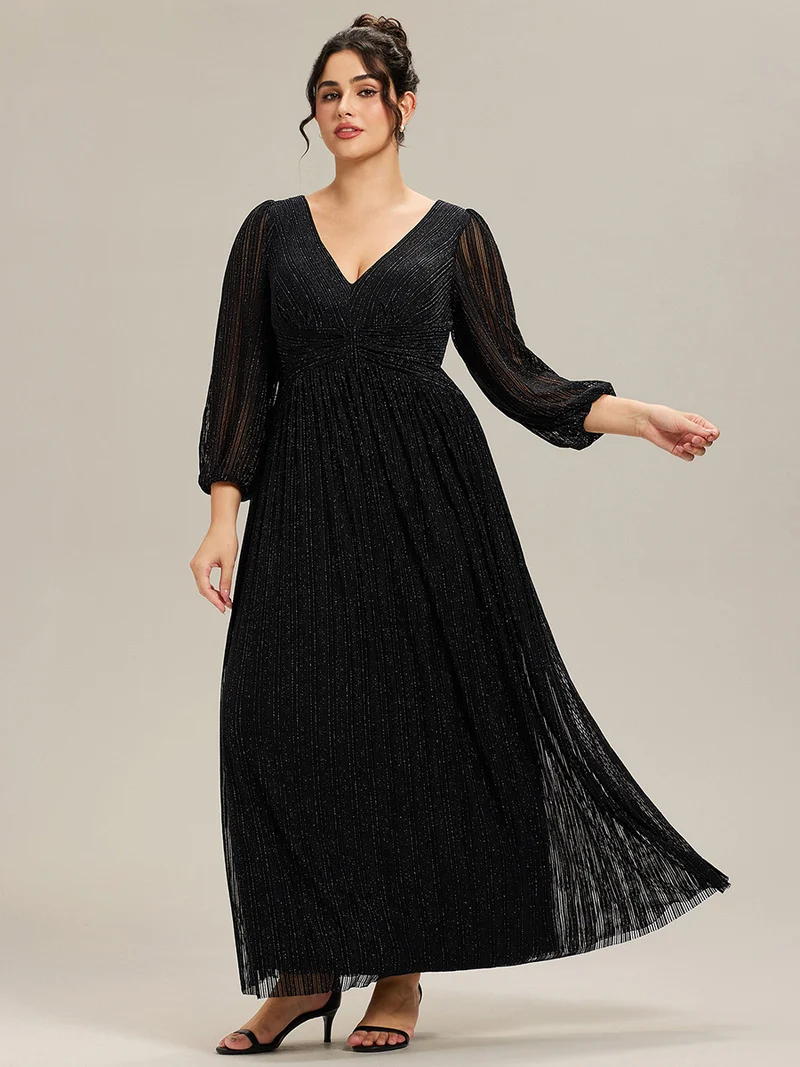 pretty BRYM|Robe de soirée trapèze transparente à manches longues et taille empire éblouissante de grande taille