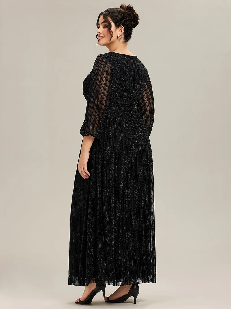 pretty BRYM|Robe de soirée trapèze transparente à manches longues et taille empire éblouissante de grande taille