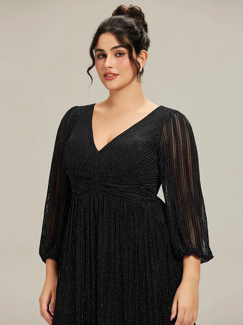 pretty BRYM|Robe de soirée trapèze transparente à manches longues et taille empire éblouissante de grande taille