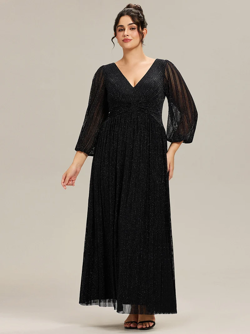 pretty BRYM|Robe de soirée trapèze transparente à manches longues et taille empire éblouissante de grande taille
