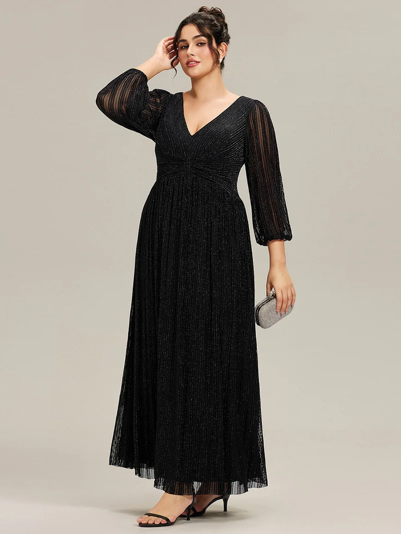 pretty BRYM|Robe de soirée trapèze transparente à manches longues et taille empire éblouissante de grande taille