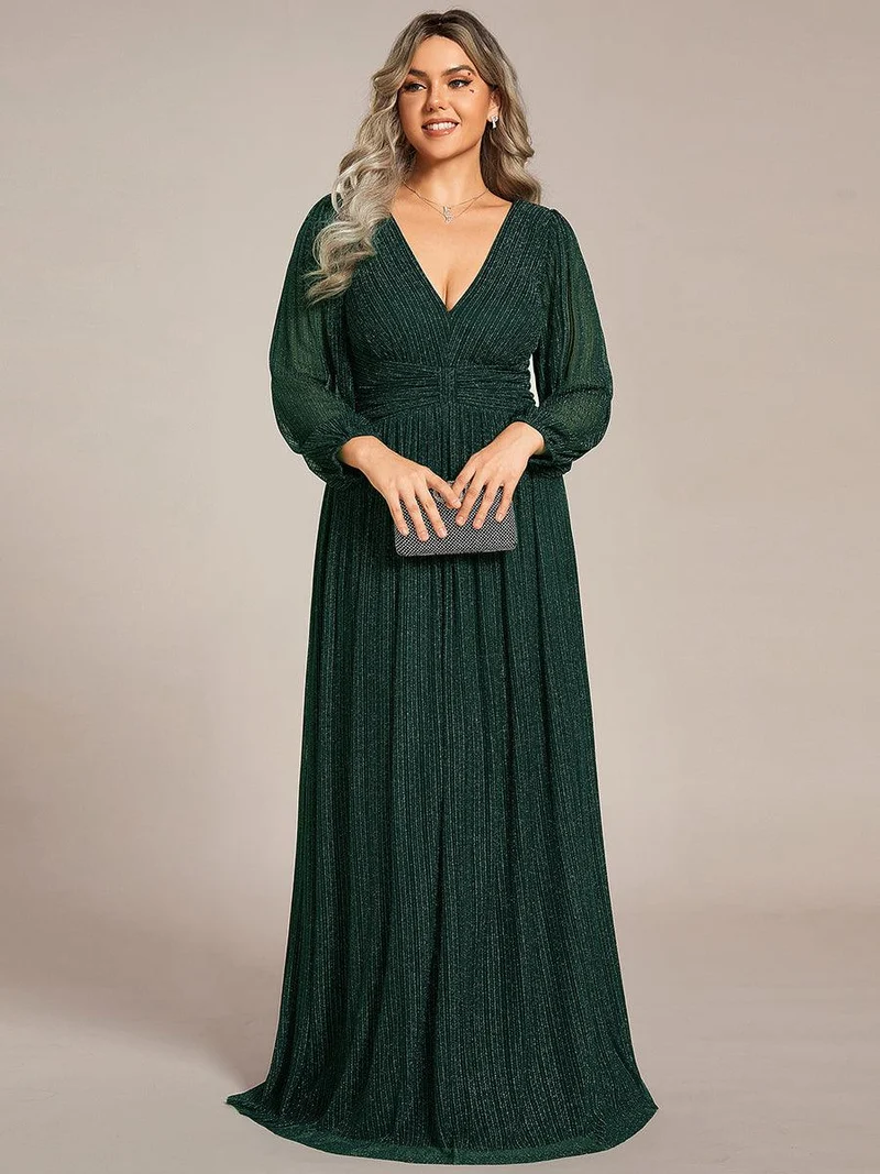 pretty BRYM|Robe de soirée trapèze transparente à manches longues et taille empire éblouissante de grande taille
