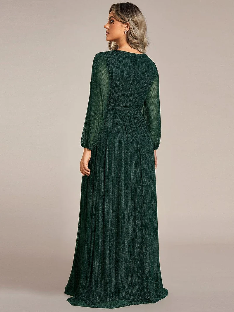 pretty BRYM|Robe de soirée trapèze transparente à manches longues et taille empire éblouissante de grande taille