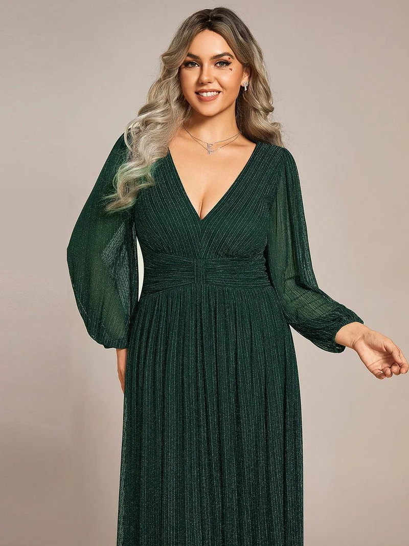 pretty BRYM|Robe de soirée trapèze transparente à manches longues et taille empire éblouissante de grande taille