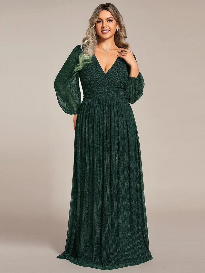 pretty BRYM|Robe de soirée trapèze transparente à manches longues et taille empire éblouissante de grande taille