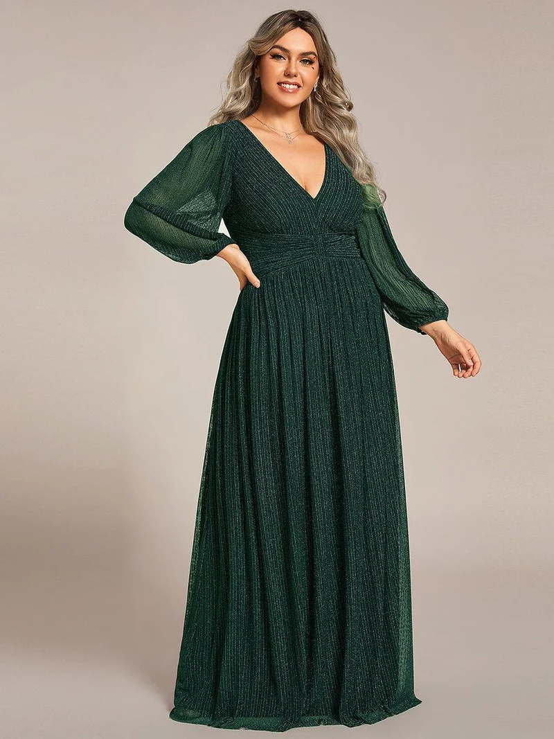 pretty BRYM|Robe de soirée trapèze transparente à manches longues et taille empire éblouissante de grande taille