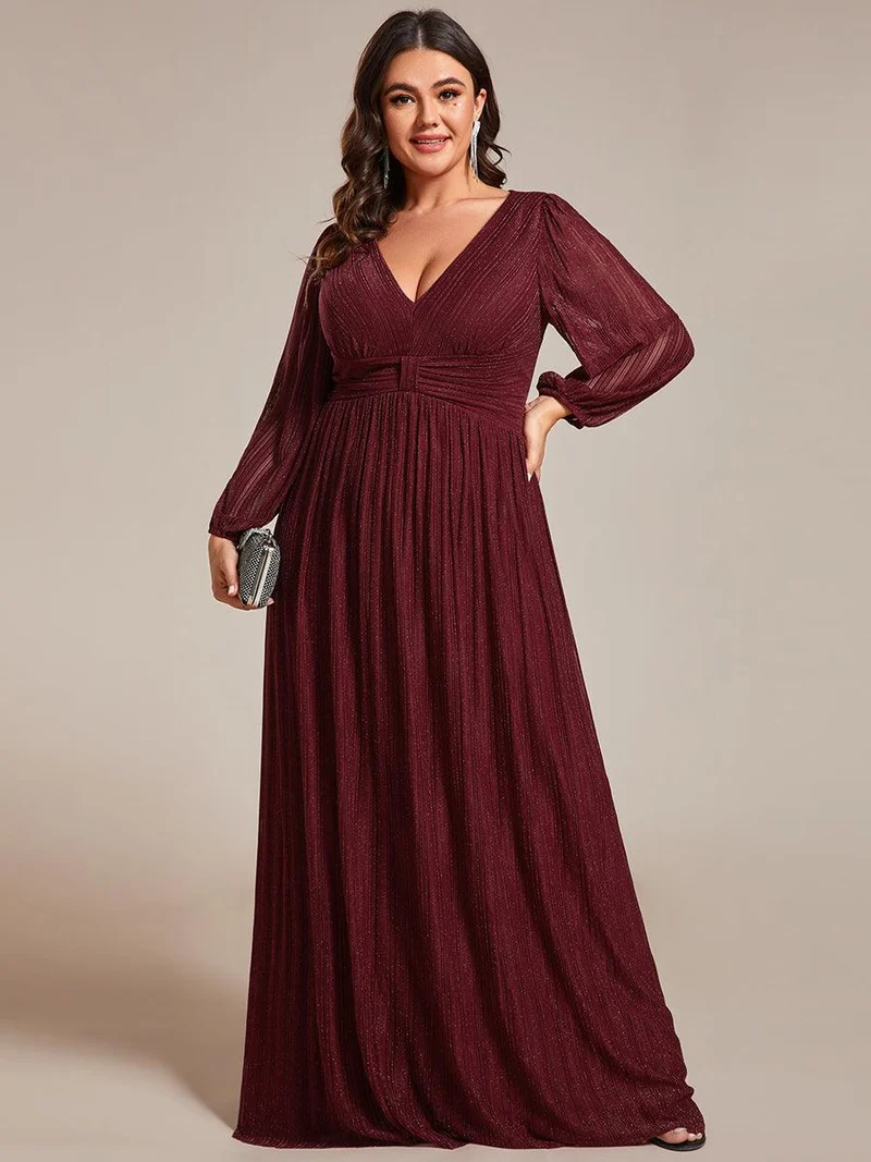 pretty BRYM|Robe de soirée trapèze transparente à manches longues et taille empire éblouissante de grande taille