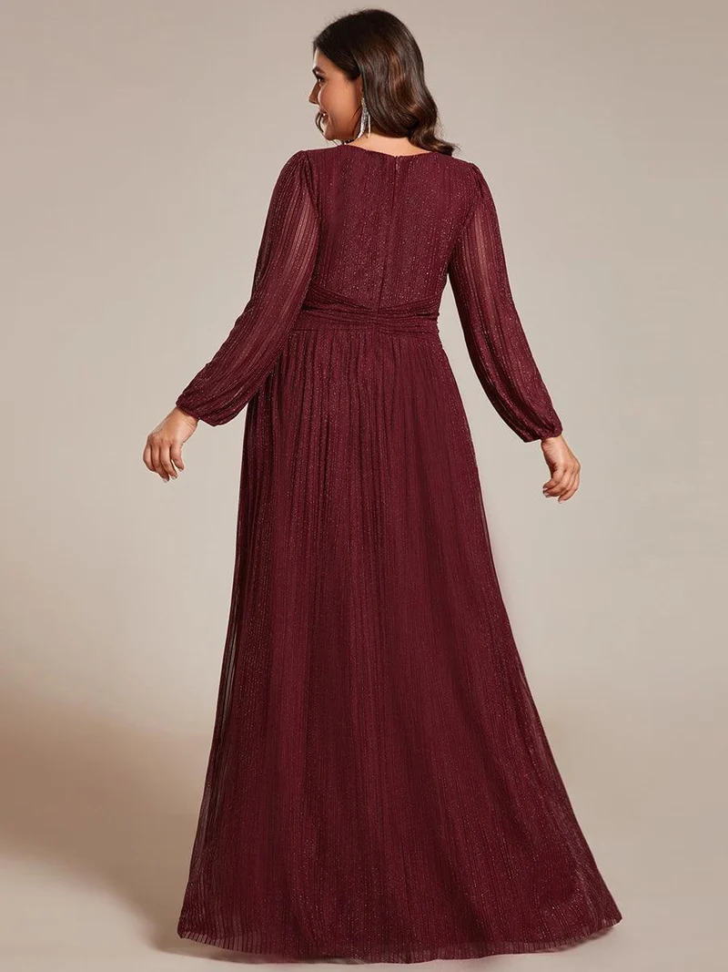 pretty BRYM|Robe de soirée trapèze transparente à manches longues et taille empire éblouissante de grande taille