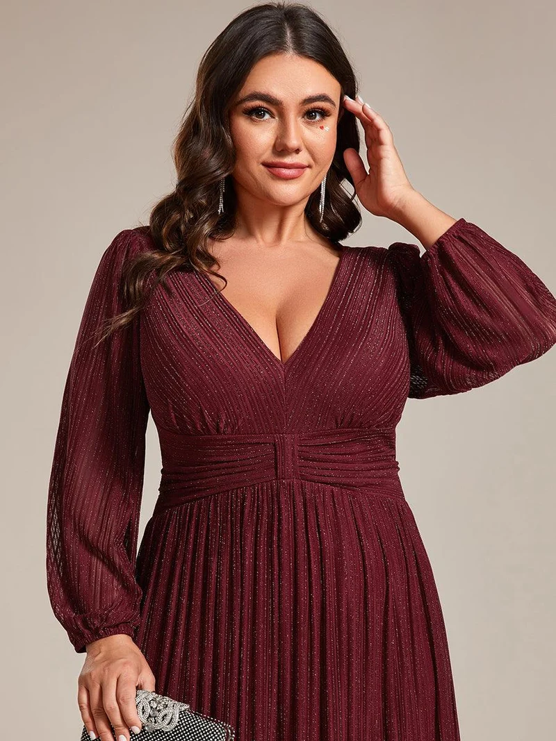 pretty BRYM|Robe de soirée trapèze transparente à manches longues et taille empire éblouissante de grande taille