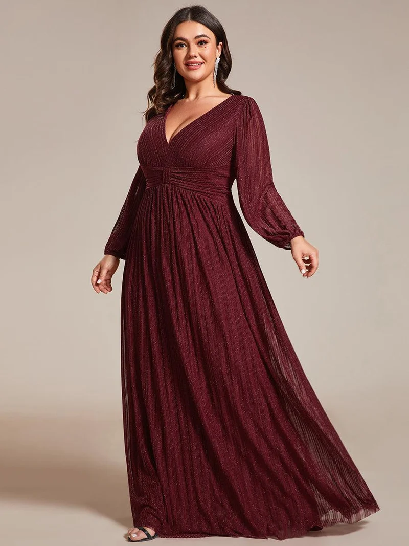 pretty BRYM|Robe de soirée trapèze transparente à manches longues et taille empire éblouissante de grande taille