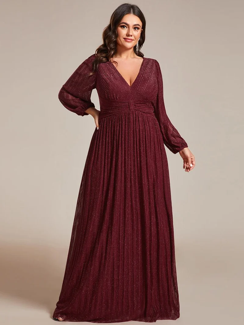 pretty BRYM|Robe de soirée trapèze transparente à manches longues et taille empire éblouissante de grande taille