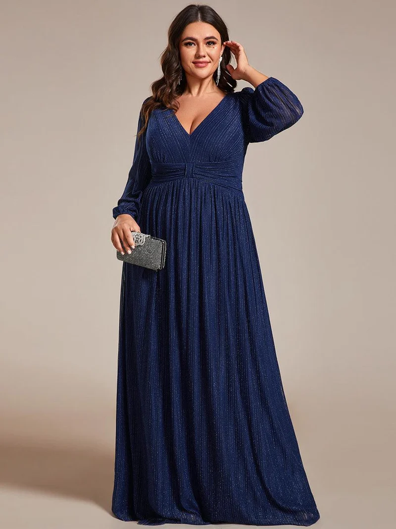 pretty BRYM|Robe de soirée trapèze transparente à manches longues et taille empire éblouissante de grande taille