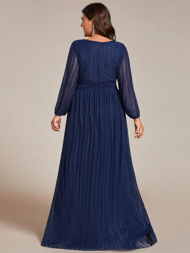 pretty BRYM|Robe de soirée trapèze transparente à manches longues et taille empire éblouissante de grande taille