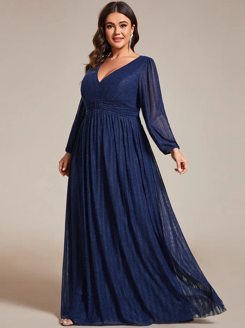 pretty BRYM|Robe de soirée trapèze transparente à manches longues et taille empire éblouissante de grande taille