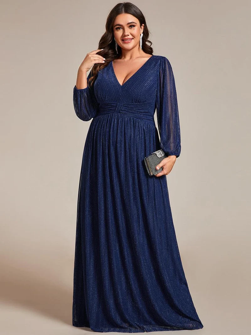 pretty BRYM|Robe de soirée trapèze transparente à manches longues et taille empire éblouissante de grande taille