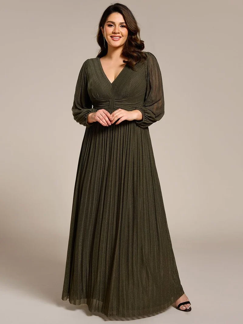 pretty BRYM|Robe de soirée trapèze transparente à manches longues et taille empire éblouissante de grande taille