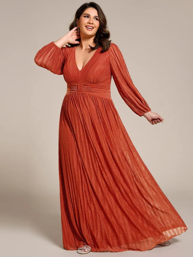 pretty BRYM|Robe de soirée trapèze transparente à manches longues et taille empire éblouissante de grande taille