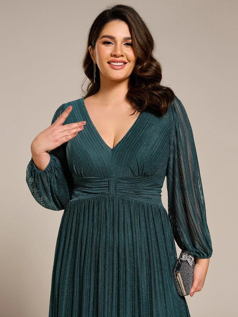 pretty BRYM|Robe de soirée trapèze transparente à manches longues et taille empire éblouissante de grande taille