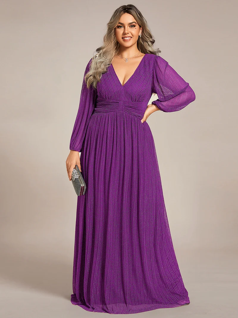 pretty BRYM|Robe de soirée trapèze transparente à manches longues et taille empire éblouissante de grande taille