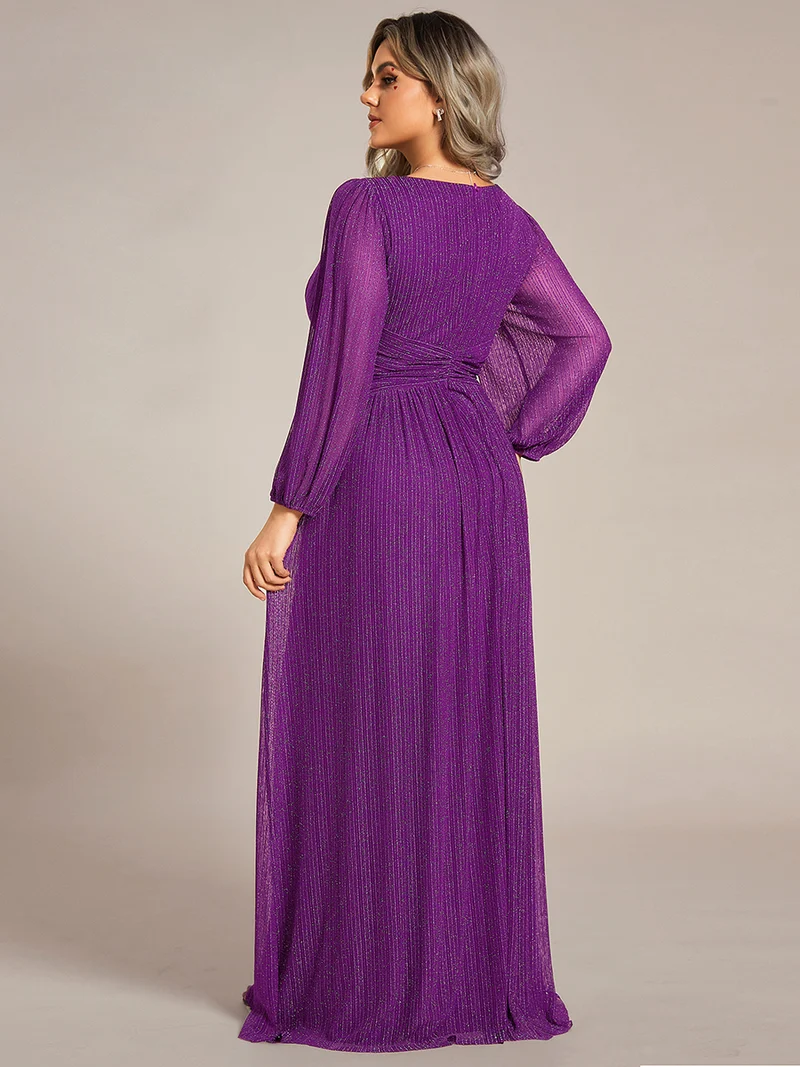 pretty BRYM|Robe de soirée trapèze transparente à manches longues et taille empire éblouissante de grande taille