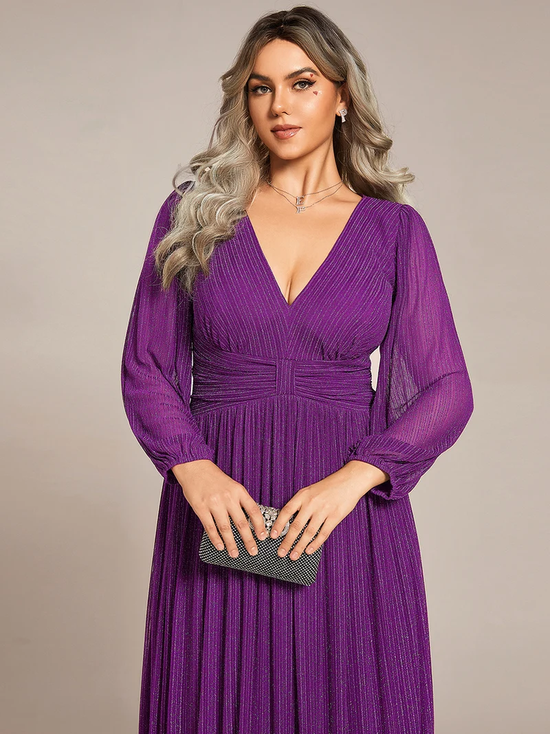 pretty BRYM|Robe de soirée trapèze transparente à manches longues et taille empire éblouissante de grande taille