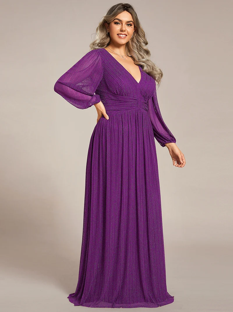 pretty BRYM|Robe de soirée trapèze transparente à manches longues et taille empire éblouissante de grande taille