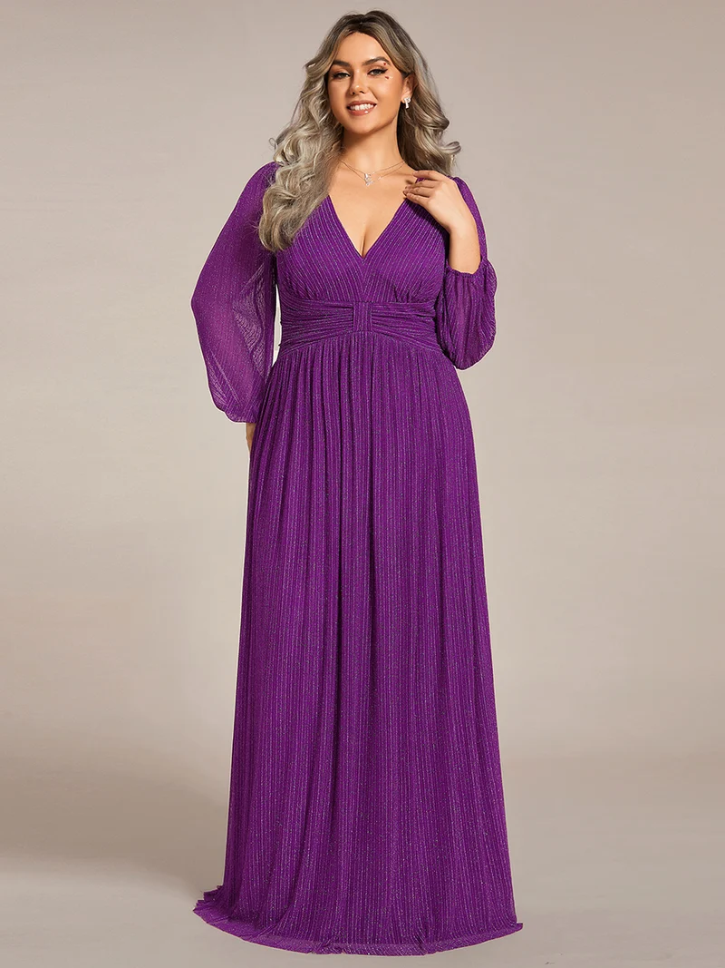 pretty BRYM|Robe de soirée trapèze transparente à manches longues et taille empire éblouissante de grande taille