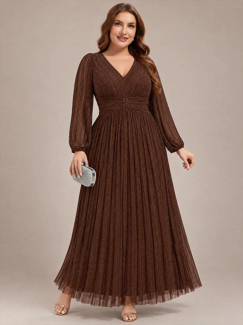 pretty BRYM|Robe de soirée trapèze transparente à manches longues et taille empire éblouissante de grande taille