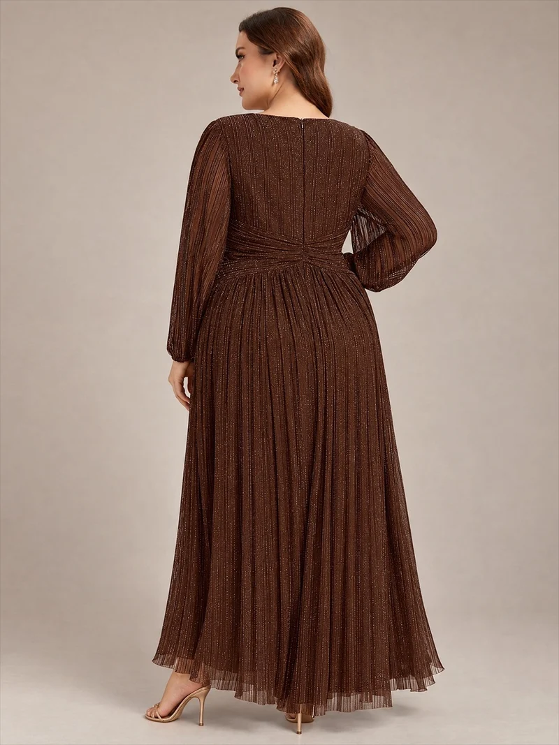 pretty BRYM|Robe de soirée trapèze transparente à manches longues et taille empire éblouissante de grande taille