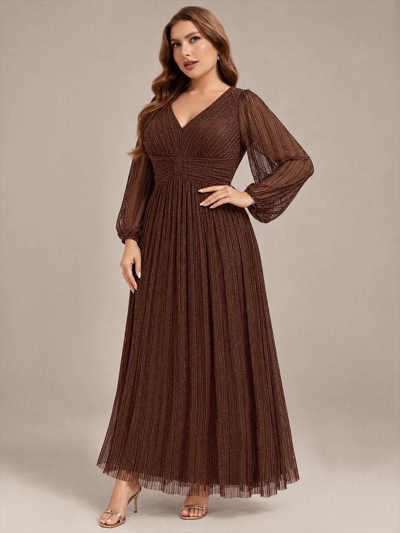 pretty BRYM|Robe de soirée trapèze transparente à manches longues et taille empire éblouissante de grande taille