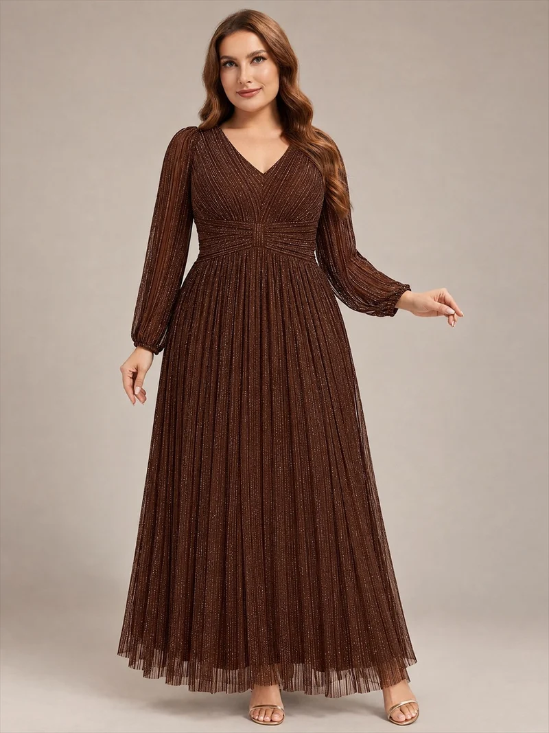 pretty BRYM|Robe de soirée trapèze transparente à manches longues et taille empire éblouissante de grande taille