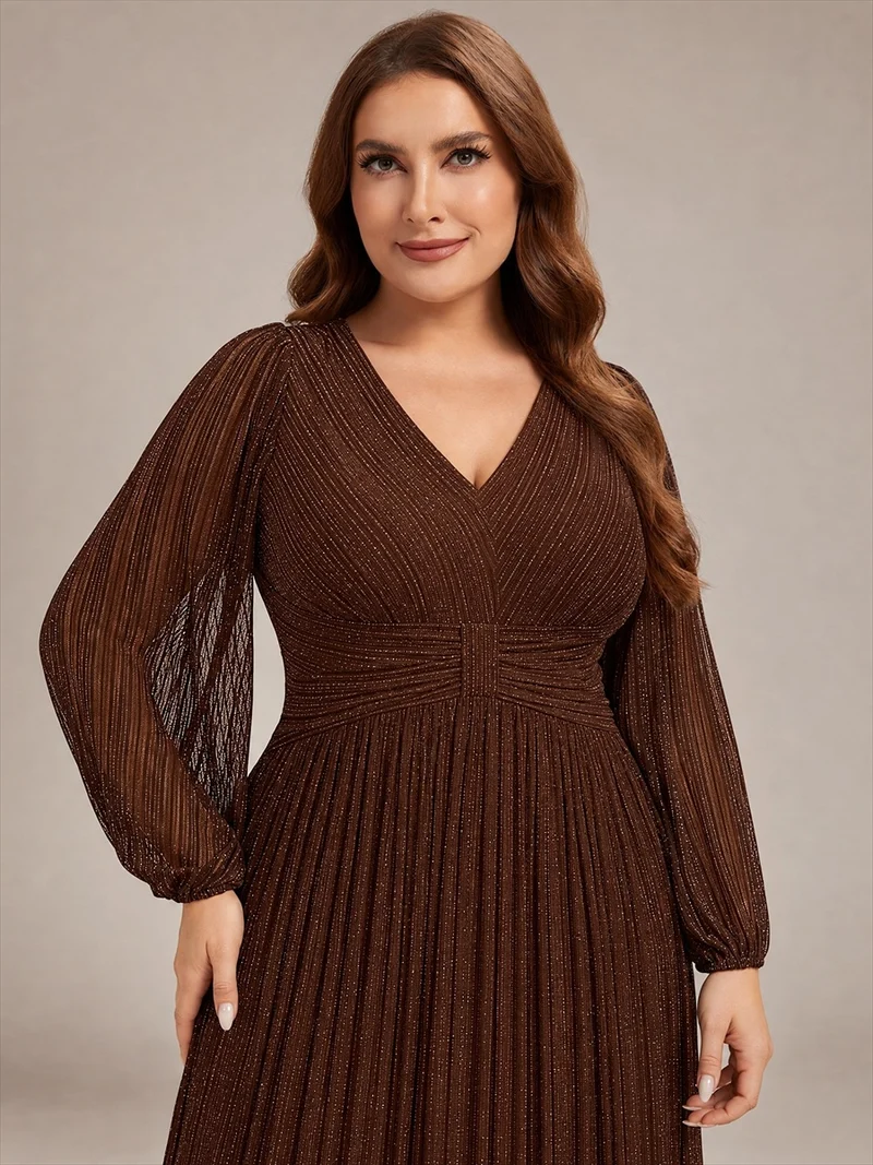 pretty BRYM|Robe de soirée trapèze transparente à manches longues et taille empire éblouissante de grande taille