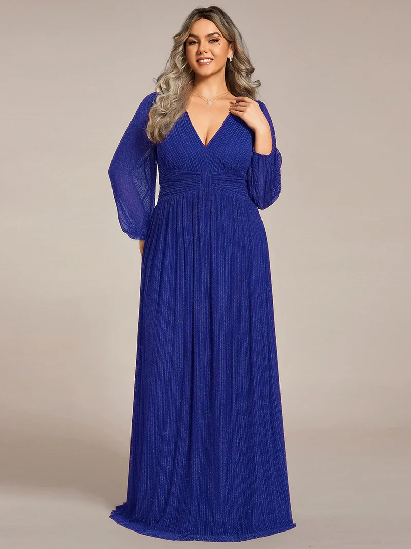 pretty BRYM|Robe de soirée trapèze transparente à manches longues et taille empire éblouissante de grande taille