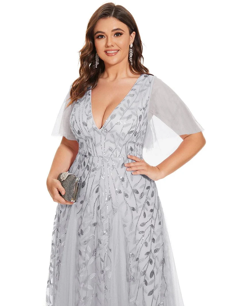 pretty ASTRAL|Robe de soirée romantique grande taille scintillante à col V et manches à volants