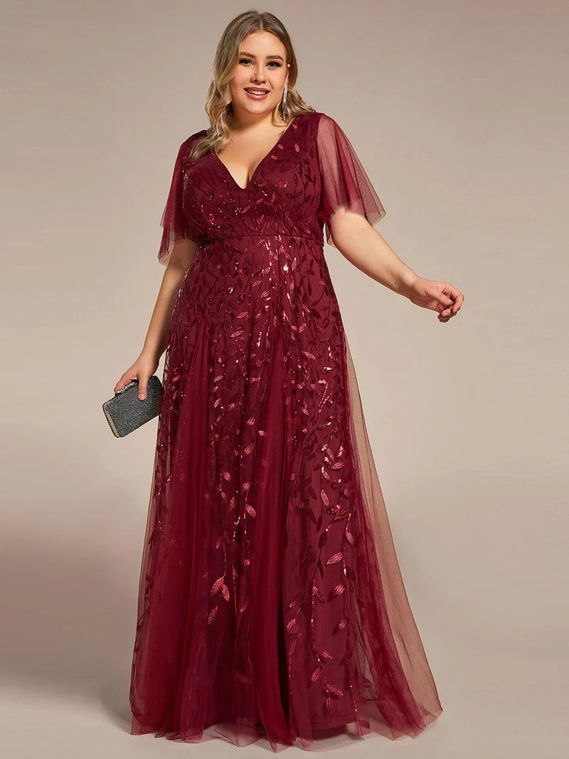 pretty ASTRAL|Robe de soirée romantique grande taille scintillante à col V et manches à volants