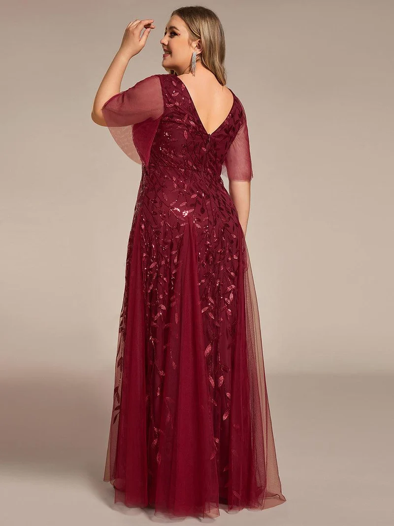 pretty ASTRAL|Robe de soirée romantique grande taille scintillante à col V et manches à volants