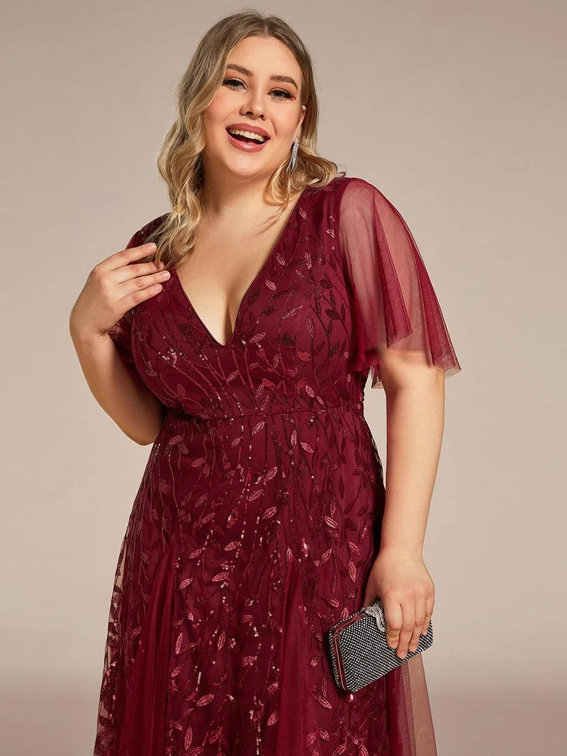 pretty ASTRAL|Robe de soirée romantique grande taille scintillante à col V et manches à volants