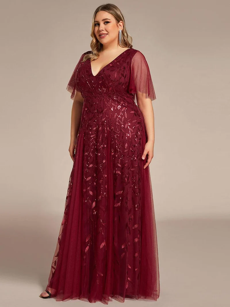 pretty ASTRAL|Robe de soirée romantique grande taille scintillante à col V et manches à volants