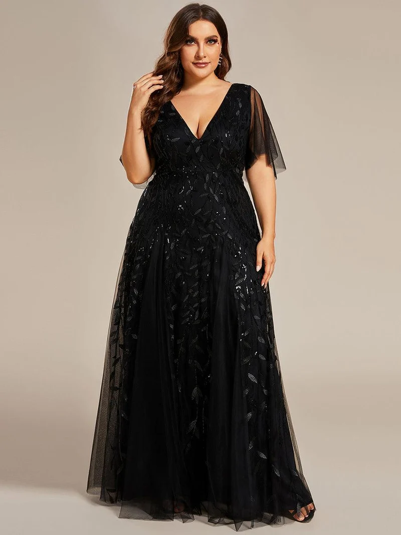 pretty ASTRAL|Robe de soirée romantique grande taille scintillante à col V et manches à volants