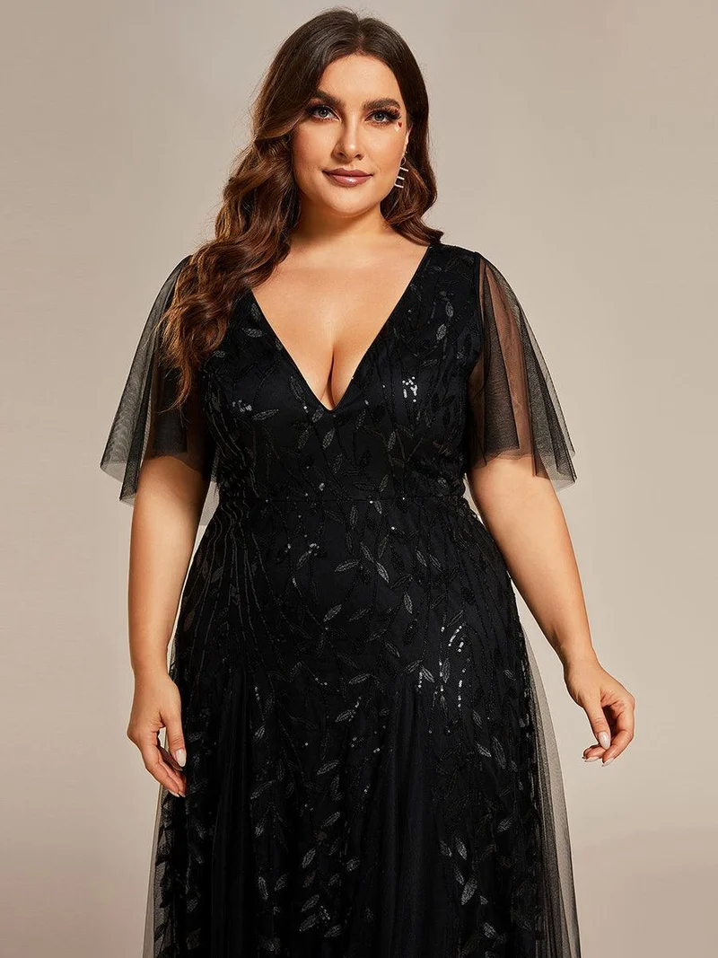pretty ASTRAL|Robe de soirée romantique grande taille scintillante à col V et manches à volants