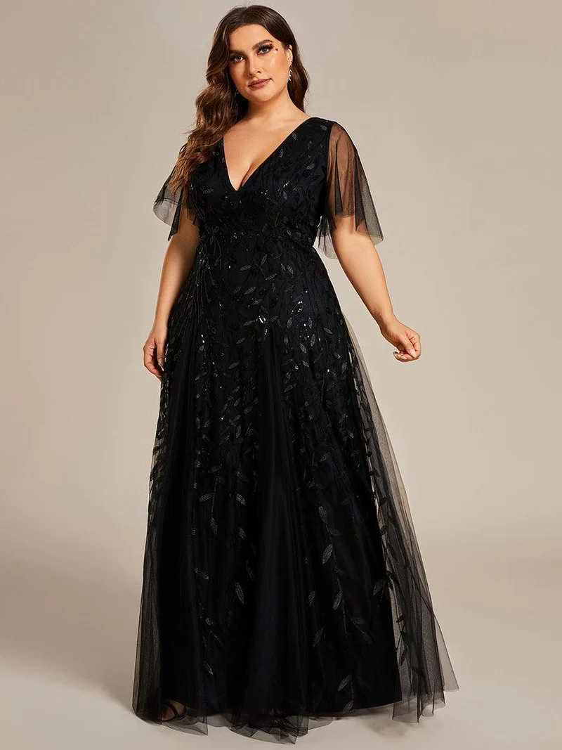 pretty ASTRAL|Robe de soirée romantique grande taille scintillante à col V et manches à volants