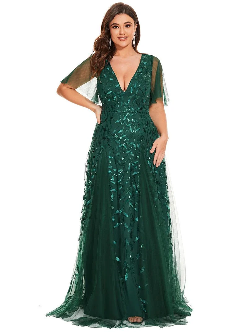 pretty ASTRAL|Robe de soirée romantique grande taille scintillante à col V et manches à volants