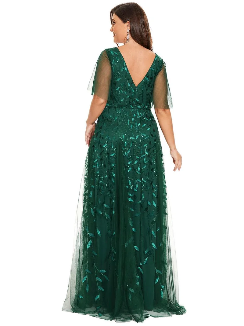 pretty ASTRAL|Robe de soirée romantique grande taille scintillante à col V et manches à volants