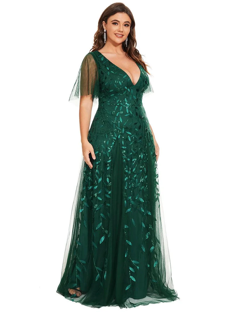 pretty ASTRAL|Robe de soirée romantique grande taille scintillante à col V et manches à volants